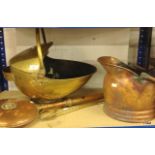 Mixed copper and brass items to include coal scuttle and bed warming pan