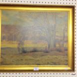 A framed oil depicting a woodland scene
