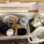 A mixed lot to include wooden elephants and a ceramic bed pan