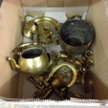 A mixed lot of brassware to include a teapot