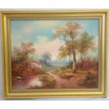 An oil on canvas signed R Danford of a woodland scene 60 x 50