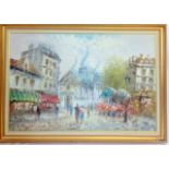 An oil on canvas French market scene signed Burnett 105 x 76