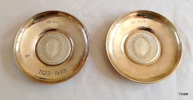 A pair of silver commemorative pin dishes to St Bartholomew Hospital 1123-1973