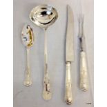 A silver plate carving set to include moustache spoon