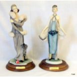 2 Art Deco style pottery figurines on wooden bases 24cm