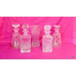 A pair of Crystal glass decanters, crystal vase and 2 other decanters