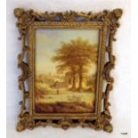 A 19th century style painting on porcelain depicting a rural scene in a gilt frame