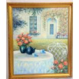 An oil on canvas country garden signed Rabous 70 x 59