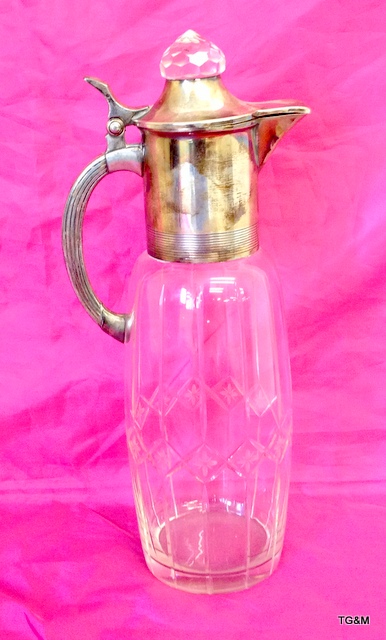 A crystal glass claret jug white metal top Blair makers mark to handle 30cm tall