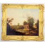 A gilt framed oil painting of a Cottage and rider 97 x 82