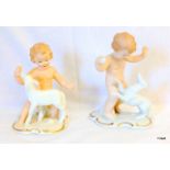 2 Wallendorf cherub style china figurines depicting kid goat and puppy dog 14cm