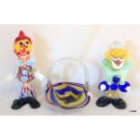 2 Murano clowns glass and a glass dish with handle