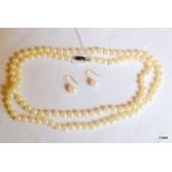 A ladies pearl necklace with silver clasp and a pair of ladies pearl earrings
