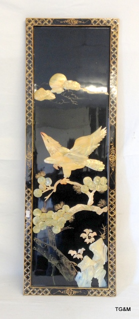A lacquer and mother of pearl panel depicting birds
