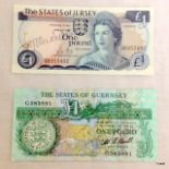 Two Jersey/ Guernsey One Pound Notes both signed by the actor John Nettles