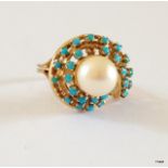 A 9ct gold turquoise/pearl ring size I