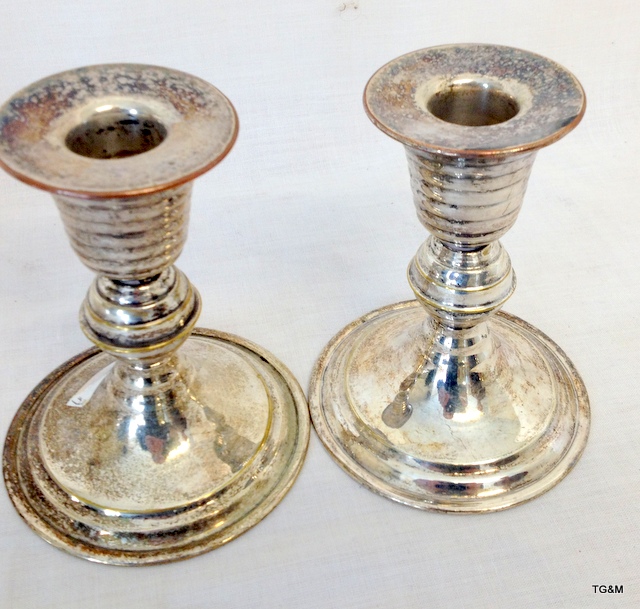 2 silver plated lidded serving dishes and a pair of plated candlesticks (candlesticks 11cm high) - Image 2 of 3