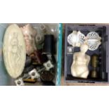 A box containing a marble nude bust, a Davey lamp, 2 china baskets and 2 other items/vintage