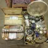 A large quantity of silver plated items to include silver, some glassware, wall mounted barometer,