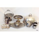 A mixed box of silver plated items and pewter