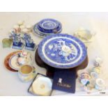 Mixed china to include Delft and Doulton 2 handled  loving cups and a wall shelf