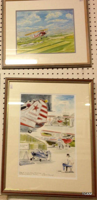 A pair of framed watercolours over Compton Abbas Air field