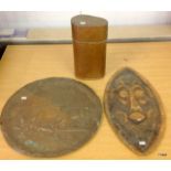 2 brass wall plaques and a copper well dipping set/water sampler