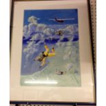 A framed watercolour of sky diving