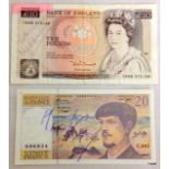 Two signed banknotes. A shilling note signed by Nigel Havers and a French Note with an unknown