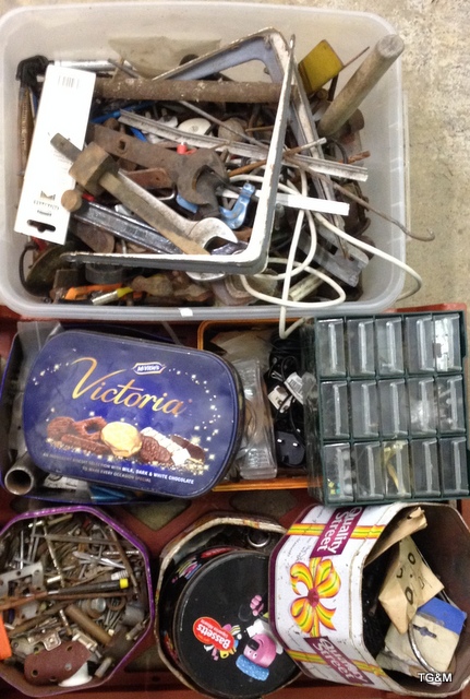 A tray containing various tools to include Spanners, electrical parts and workshop consumables