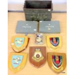 3 x military equipment/ammo boxes 6 x military plaques and a vintage voltmeter