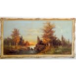 A large oil covering depicting a woodland and river scene