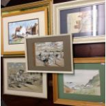 A collection of framed watercolours