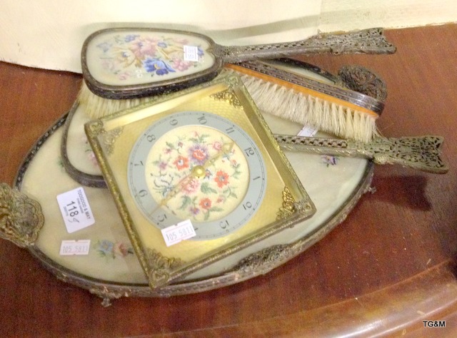 Silver plate and embroidered vanity set and clock