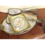 Silver plate and embroidered vanity set and clock