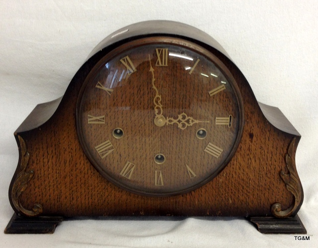 A 1940's Smiths Westminster chime mantle clock with key and pendulum