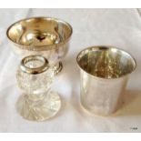 A silver tot flask and a silver topped glass bowl and silver plated dish