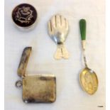 A silver Vesta, silver Tortoiseshell pill pot  and a Jade and silver spoon and a sugar spoon