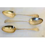 3 x silver serving spoons to include 1x hallmarked London 1802 maker I . P, 1 x hallmarked London