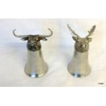 2 silver plated and pewter headed stirrup cups, 1 in the form of a stag and the other a Buffalo