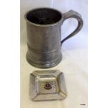 A pewter quart tankard with a beaten pewter astray from HMS Renown