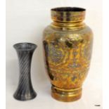 2 x Persian brass vases decorated with silver