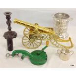 A brass canon inert shell,  silver plated wine coaster,  bean slicer etc