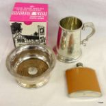 A boxed pewter tankard, silver plated wine coaster and drinking flask