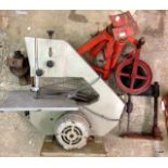 A bench bandsaw and a vintage bench hand dill, 2 axle stands and a bottle jack