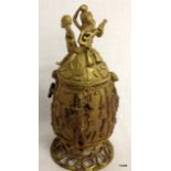 An African Ashanti gilded bronze/brass lidded pot decoration with figures in relief