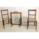 2 Rattan Oak chairs and spark guard and fire screen