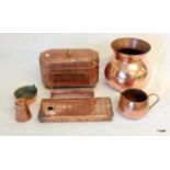 Copper tea caddy & 6 copper items