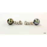 18ct white gold South sea pearl and diamond drop earrings approx 1.5cts