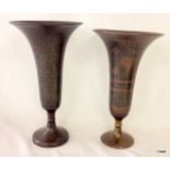 2 x oriental etched and engraved bronze fluted vases 27cm high